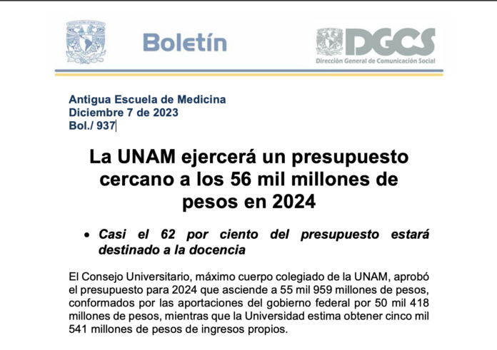 La UNAM ejercerá un presupuesto cercano a los 56 mil millones de pesos en 2024